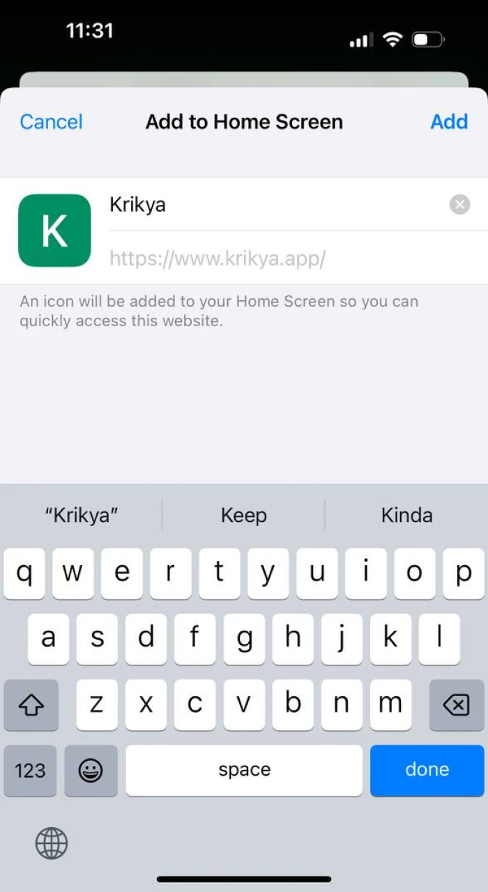 Add Krikya on iOS to your home screen by selecting the "Add to Home Screen" option after tapping the "Share" button in Safari.